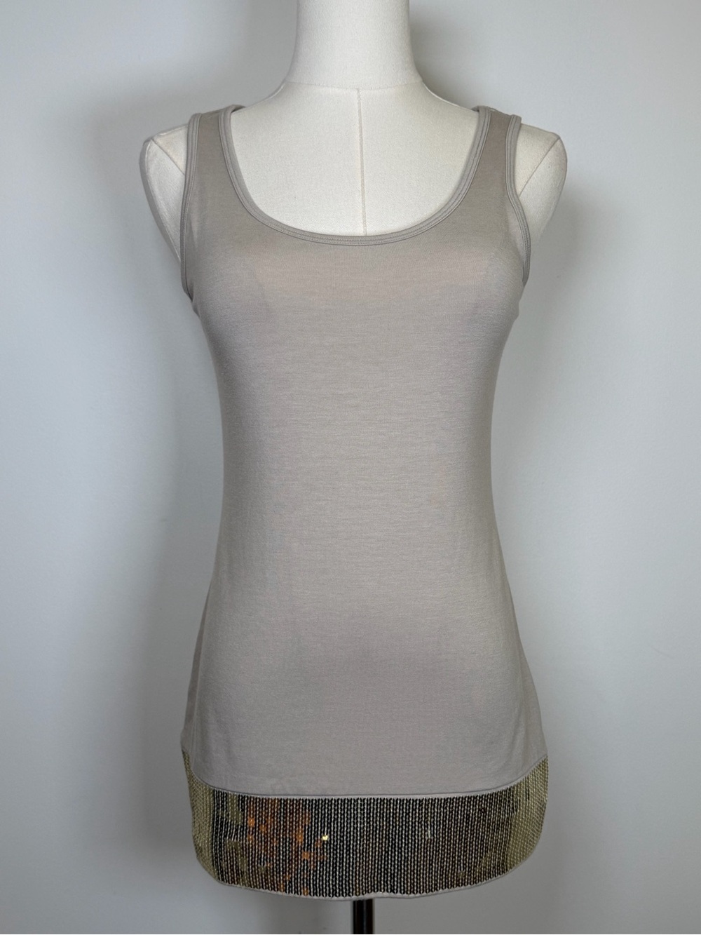 Le Souk Tank Top Taupe With Gold Sequin Hem Women’s 38/Medium